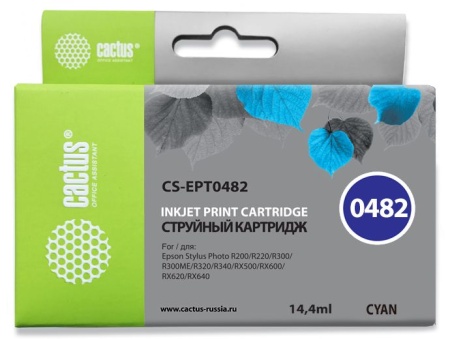 Картридж струйный Cactus CS-EPT0482 T0482 голубой (14.4мл) для Epson Stylus Photo R200/R220/R300/R320/R340/RX500/RX600/RX620/RX640