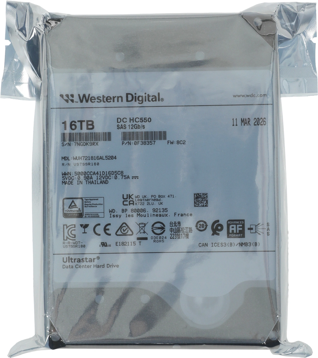 Жесткий диск Western Digital Ultrastar DC HС550 HDD 3.5" SAS 16Тb, 7200rpm, 512MB buffer, 512e (WUH721816AL5204), 1 year