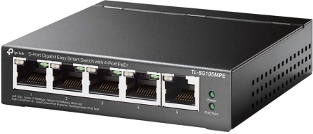 Сетевое оборудование TP-Link TL-SG105MPE, Коммутатор Easy Smart с 5 гигабитными портами (4 порта PoE+), 802.3af/at, бюджет PoE — 120 Вт, стальной корпус
