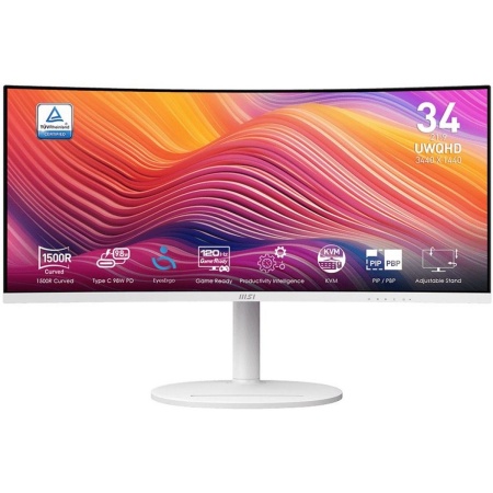 Монитор MSI Modern MD342CQPW 34" 21:9 UWQHD(3440x1440) VA Curve 1500R,1ms(MPRT),3000:1,100M:1,300nit,178/178,2*HDMI,1*DP,2xUSB Type-A,USB Type-B,USB Type-C,Speaker,Tilt,Swivel,Height,120Hz,White,1y war-ty