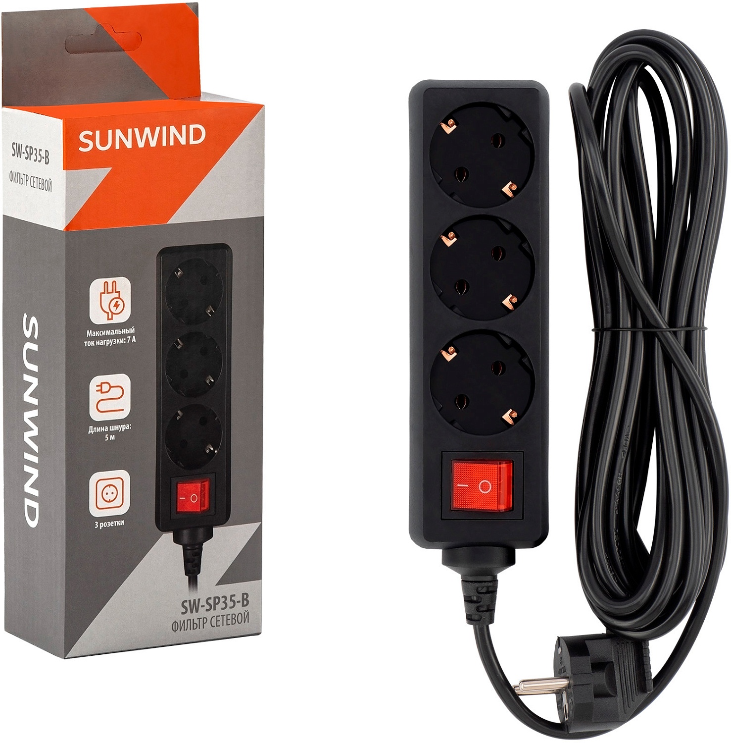 Сетевой фильтр SunWind SW-SP35-B 5м (3 розетки) черный (коробка)