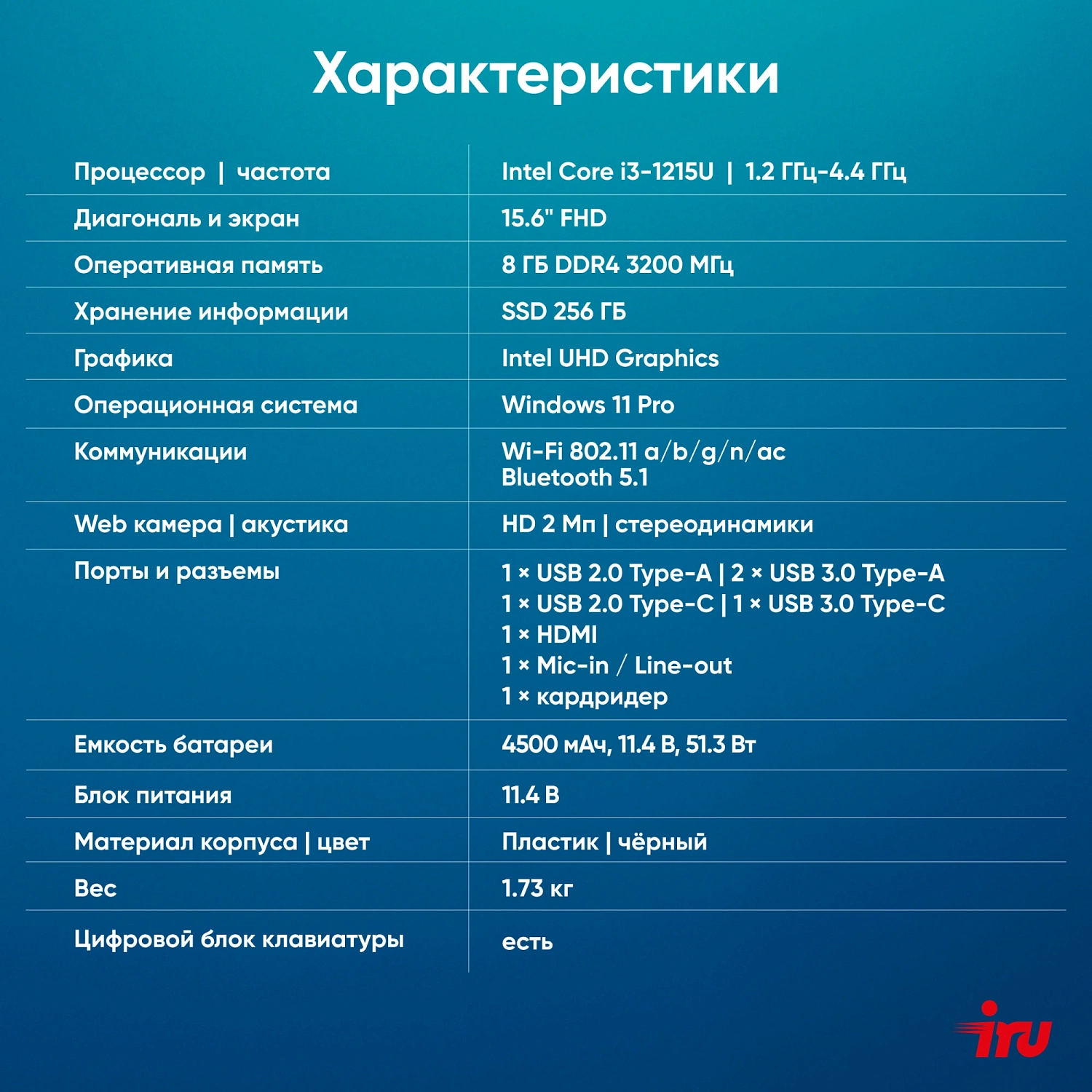 Ноутбук IRU Tactio 15ALG Core i3 1215U 8Gb SSD256Gb Intel UHD Graphics 15.6" IPS FHD (1920x1080) Windows 11 Professional black WiFi BT Cam 4500mAh (2019263)