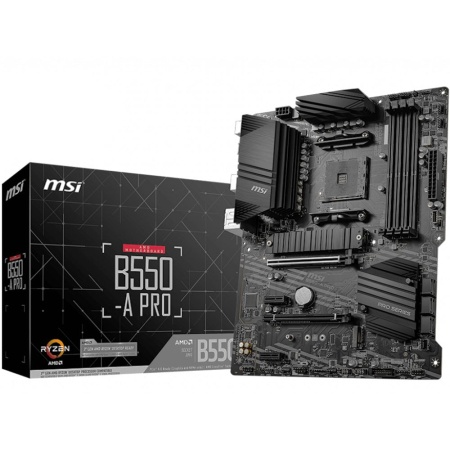 Материнская плата MSI Bad Pack B550-A PRO B550, AM4, 4*DDR4, 2*PCIEx16, 2*PCIEx1, 2*M.2, 2*TypeC, 1*USB3.2Gen2, 4*USB3.2Gen1, 8*USB2.0, 6*SATA3.0, 1G, DP, HDMI, ATX, RTL