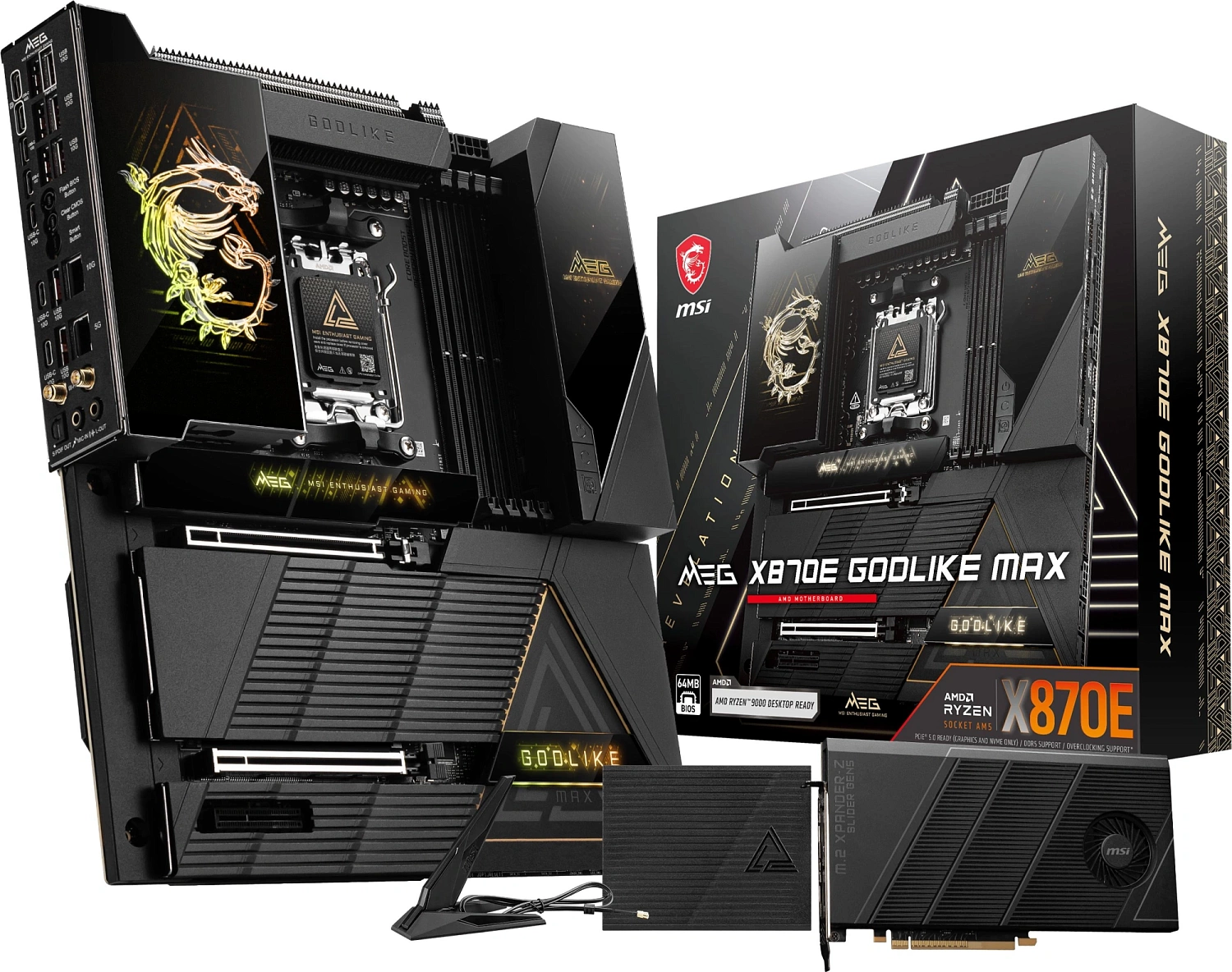 Материнская плата MSI MEG X870E GODLIKE MAX X870E, AM5, 4*DDR5, 2*PCIEx16, 1*PCIEx4, 5*M.2, 5*TypeC, 8*USB3.2Gen2, 4*USB3.2Gen1, 4*USB2.0, 4*SATA3.0, 10G, 5G, 2*TypeC(DP), Е-ATX, RTL