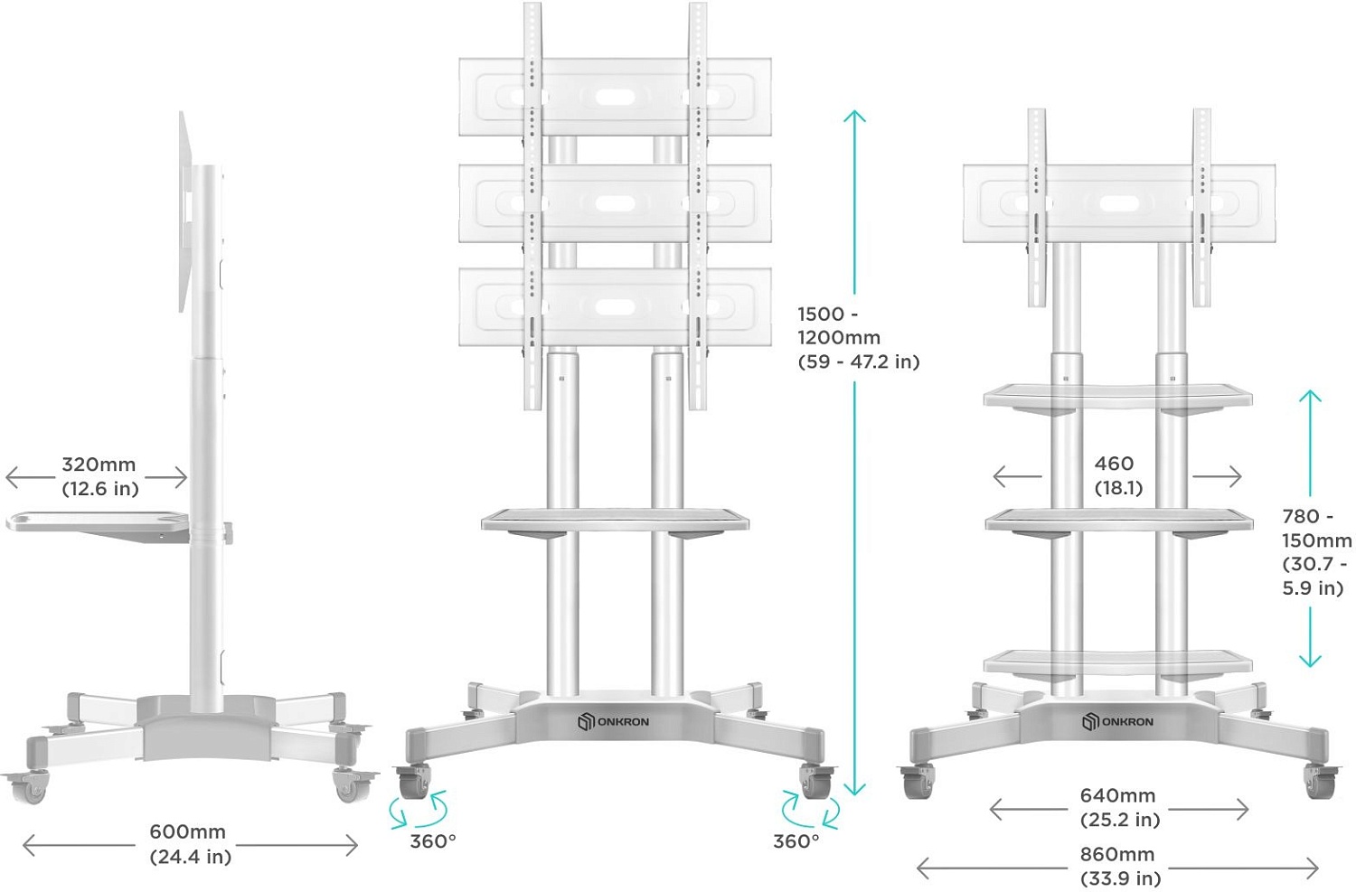 Стойка для телевизора Onkron TS1351 белый 32"-65" макс.50кг напольный мобильный