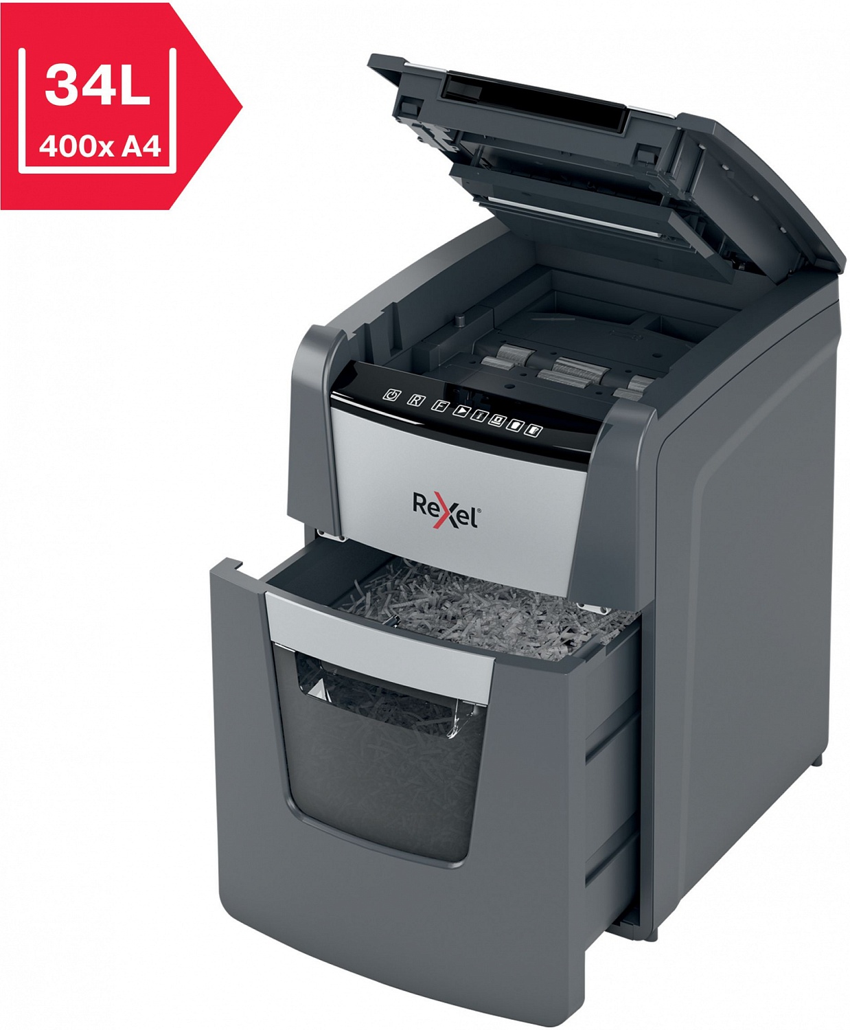 Шредер Rexel Optimum AutoFeed 100M черный с автоподачей (секр.P-5) фрагменты 100лист. 34лтр. скрепки скобы пл.карты
