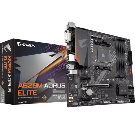 A520M AORUS ELITE, Socket AM4, AMD A520, 4xDDR4-3200, DVI-D+HDMI, 1xPCI-Ex16, 2xPCI-Ex1, 4xSATA3(RAID 0/1/10), 1xM.2, 8 Ch Audio, GLan, (2+2)xUSB2.0, (4+2)xUSB3.2, 1xPS/2, mATX, RTL {10} (809782)