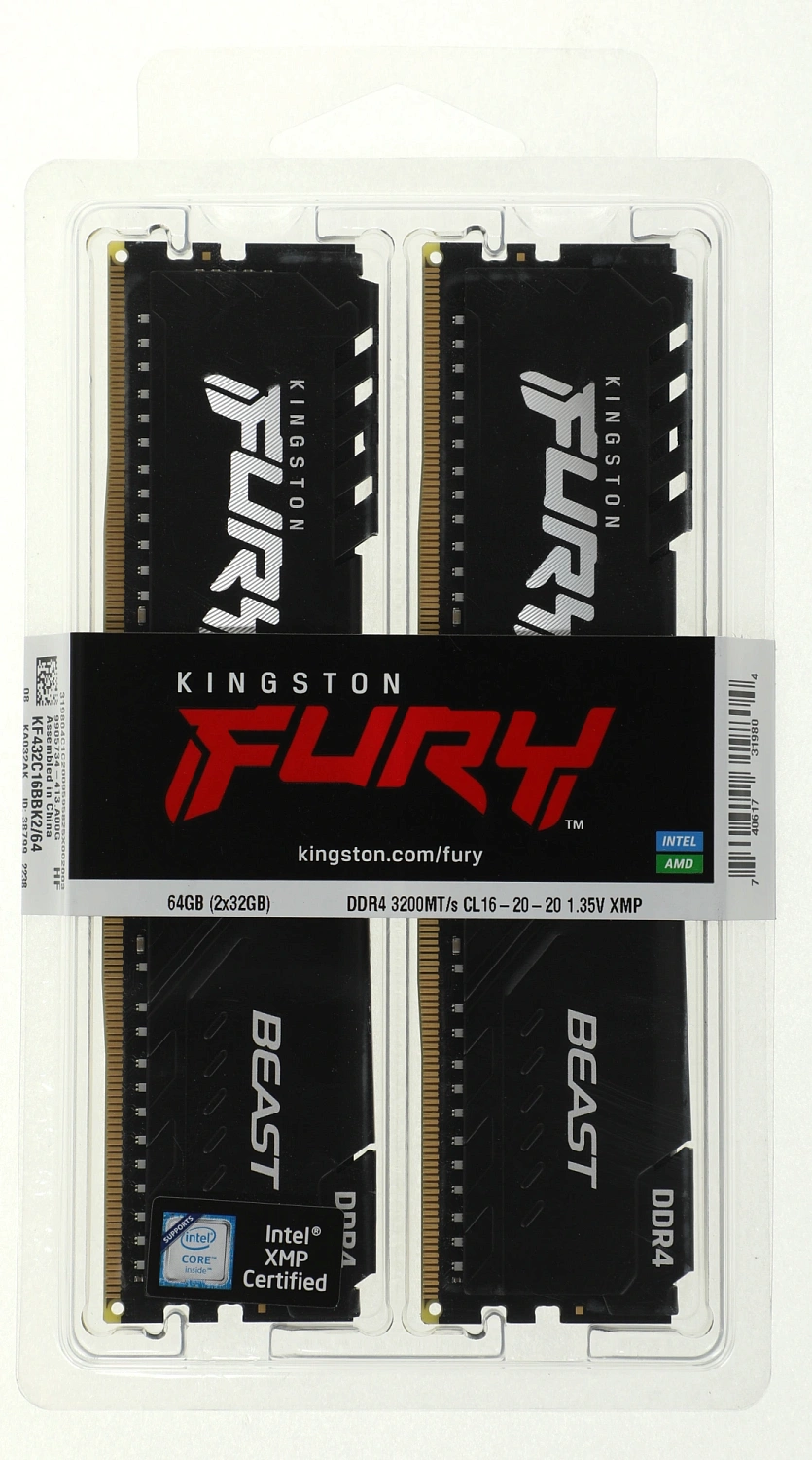 Память DDR4 2x32Gb 3200MHz Kingston KF432C16BBK2/64 Fury Beast Black RTL Gaming PC4-25600 CL16 DIMM 288-pin 1.35В dual rank с радиатором Ret