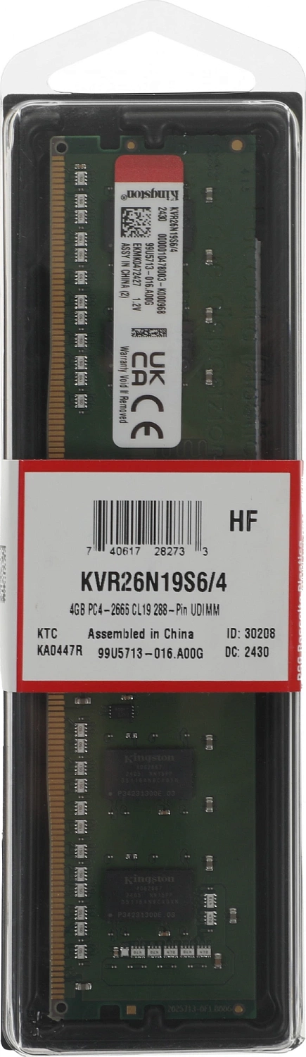 Память DDR4 4Gb 2666MHz Kingston KVR26N19S6/4 VALUERAM RTL PC4-21300 CL19 DIMM 288-pin 1.2В single rank Ret