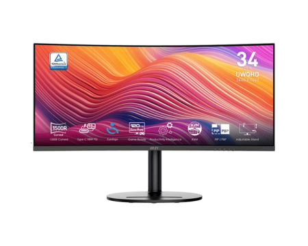 Монитор MSI Modern MD342CQP 34" 21:9 UWQHD(3440x1440) VA Curve 1500R,1ms(MPRT),3000:1,100M:1,300nit,178/178,2*HDMI,1*DP,2xUSB-A,USB-B,USB-C,Speaker,Tilt,Swivel,Height,120Hz,Black,1y war-ty