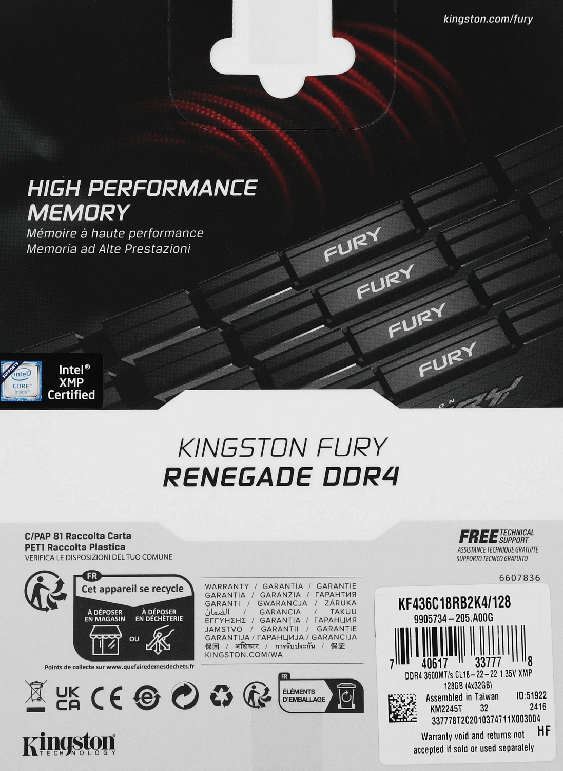 Память DDR4 4x32GB 3600MHz Kingston KF436C18RB2K4/128 Fury Renegade Black RTL Gaming PC4-28800 CL18 DIMM 288-pin 1.35В dual rank с радиатором Ret