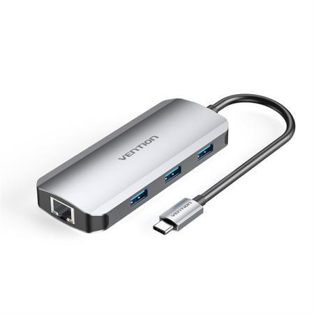 Usb-концентратор/хаб Vention USB-C to HDMI/USB 3.0x3/RJ45/PD Docking Station 0.15M Gray Aluminum Alloy Type