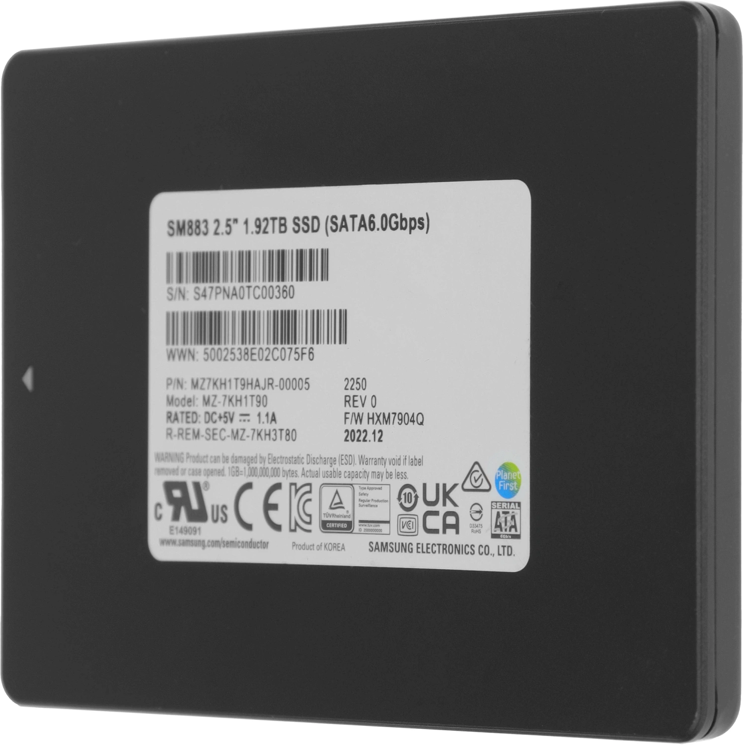 Твердотельный накопитель Samsung Enterprise SSD, 2.5"(SFF), SM883, 1920GB, SATA, 6Gb/s, R540/W520Mb/s, IOPS(R4K) 97K/29K, MLC, MTBF 2M, 3DWPD/5Y, OEM (analog MZ-7KM1T9E/NE)