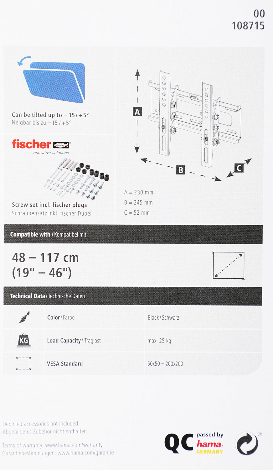 Кронштейн для телевизора Hama H-108715 черный 19"-46" макс.25кг настенный наклон