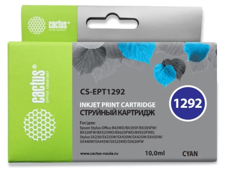 Картридж струйный Cactus CS-EPT1292 T1292 голубой (10мл) для Epson B42/BX305/BX305F/BX320/BX525/BX625/SX420/SX425/SX525/SX621