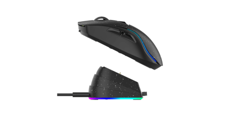 Мышь игровая беспроводная Dareu A950 Black (черный), DPI 400/800/1600/3200/6400/12000, подключение Tri-mode: проводное+2.4GHz+BT, встроенный аккумулятор 930mAh, зарядная станция, подсветка RGB, размер 123x64x39мм