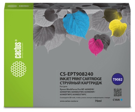 Картридж струйный Cactus CS-EPT908240 T9082 голубой (70мл) для Epson WorkForce WF-6090DW/WF-6590DWF Pro