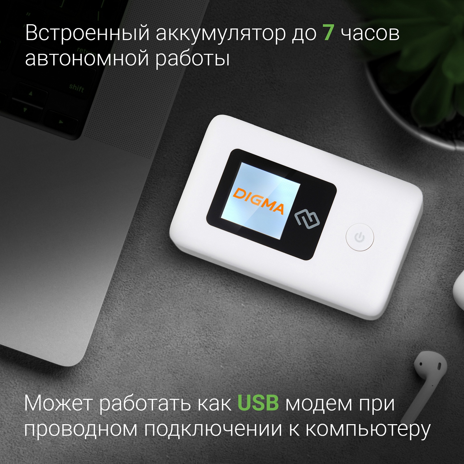 Модем 3G/4G Digma Mobile Wi-Fi DMW1969 micro USB Wi-Fi Firewall +Router внешний белый