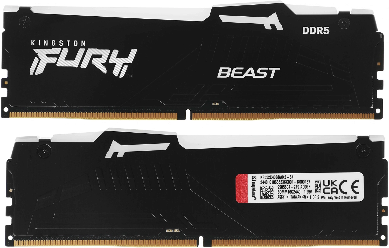 Память DDR5 2x32GB 5200MHz Kingston KF552C40BBAK2-64 Fury Beast RGB RTL Gaming PC5-41600 CL40 DIMM 288-pin 1.25В kit single rank с радиатором Ret