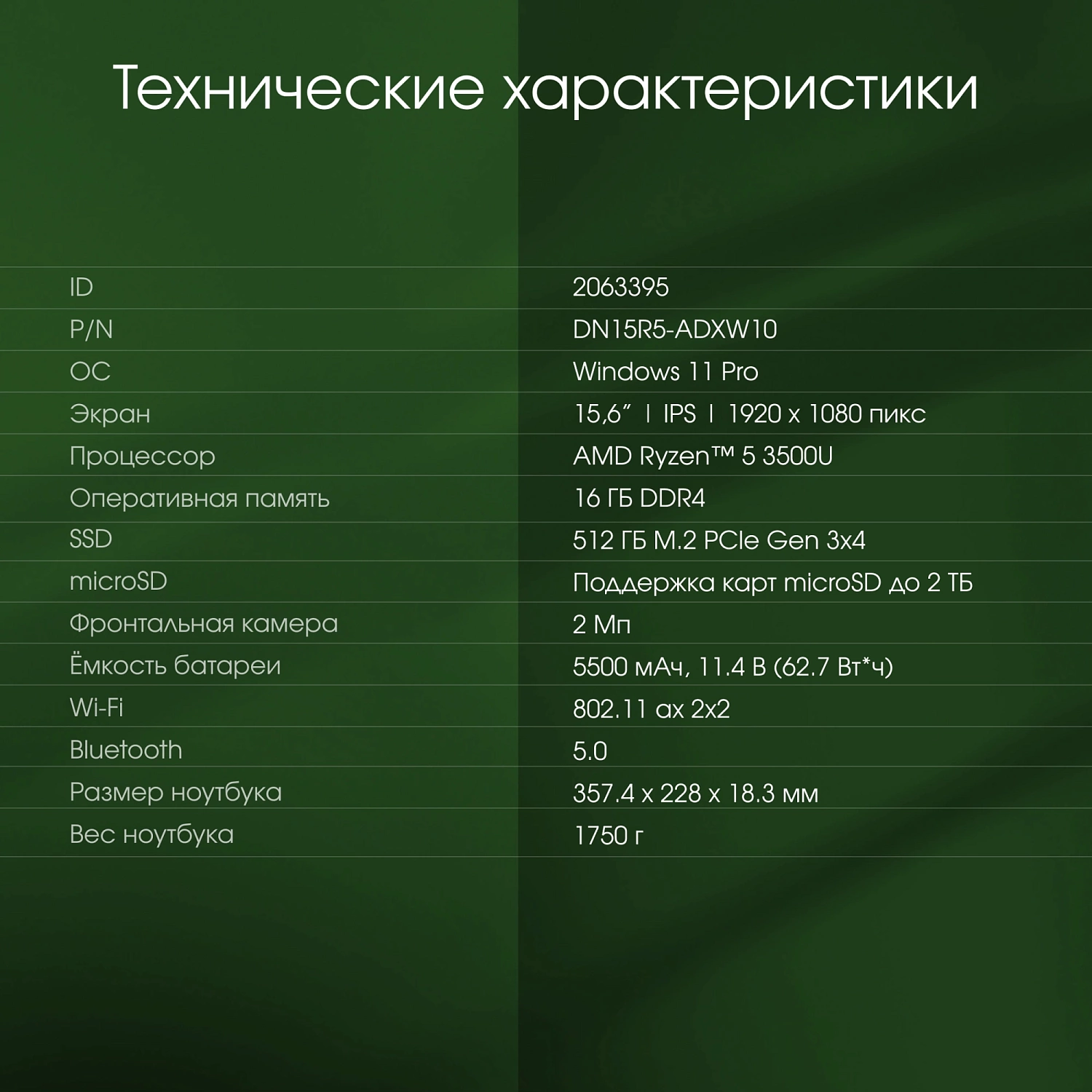 Ноутбук Digma Pro Cursus Ryzen 5 3500U 16Gb SSD512Gb AMD Radeon Graphics 15.6" IPS FHD (1920x1080) Windows 11 Pro grey WiFi BT Cam 5500mAh (DN15R5-ADXW10)
