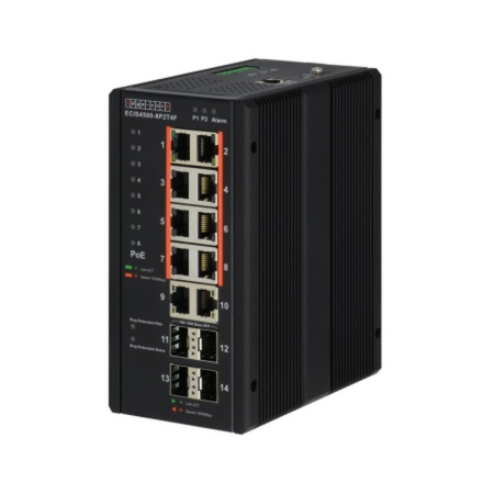 8 10/100/1000 BASE-T PoE+ Ports , 2 10/100/1000 BASE-T Ports, plus 4 100/1000BASE-X SFP Industrial Gigabit Ethernet Switch Edge-corE ECIS4500-8P2T4F