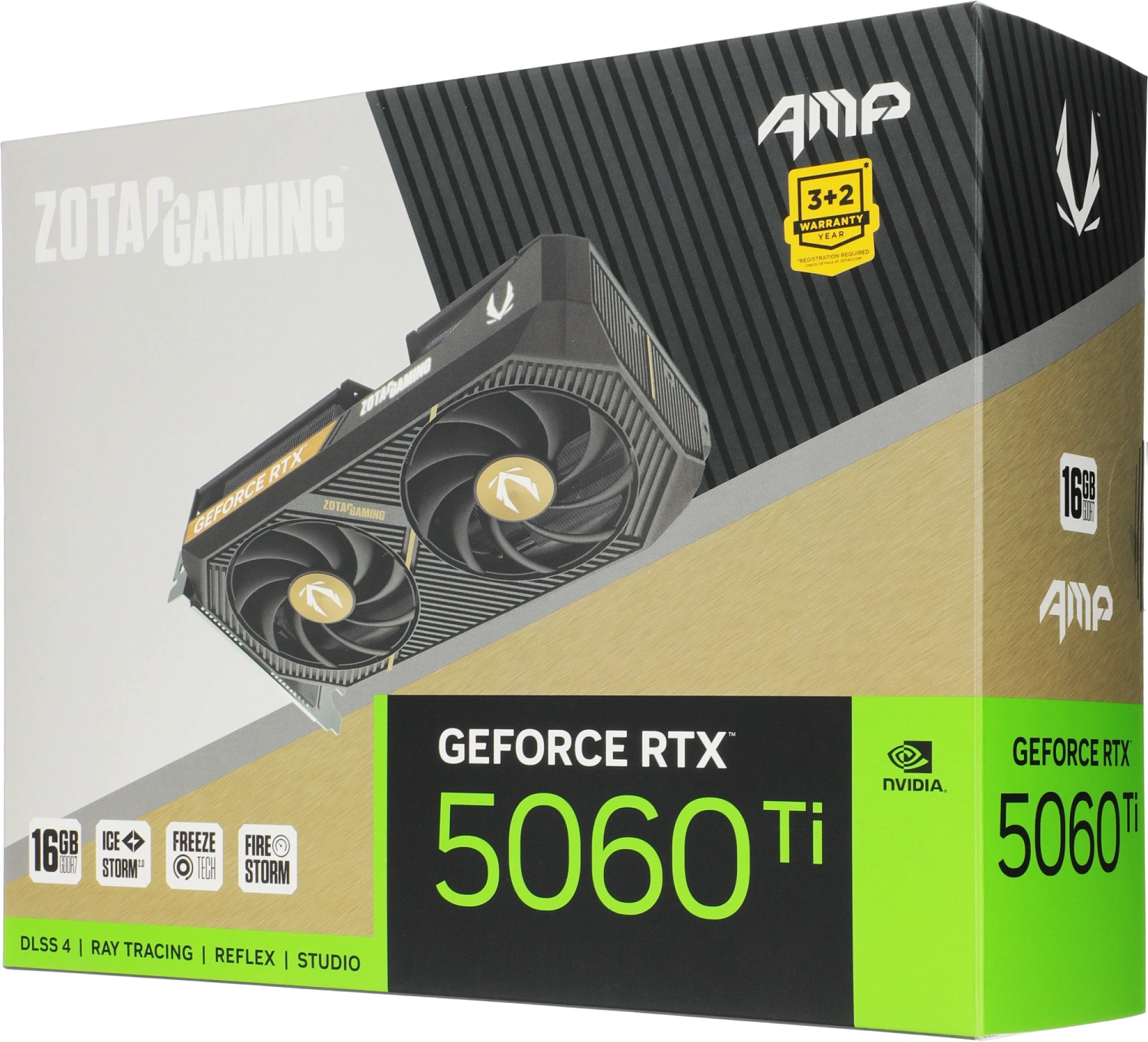 Видеокарта Zotac PCI-E 5.0 RTX 5060TI 16GB AMP NVIDIA GeForce RTX 5060TI 16Gb 128bit GDDR7 2572/28000 HDMIx1 DPx3 HDCP Ret
