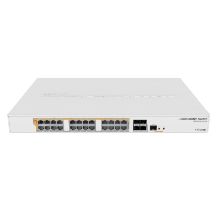 Bad Pack CRS328-24P-4S+RM Cloud Router Switch with 800 MHz CPU, 512MB RAM, 24xGigabit LAN (all PoE-out), 4xSFP+ cages, RouterOS L5 or SwitchOS (dual boot), 1U rackmount case, 500W built-in PSU