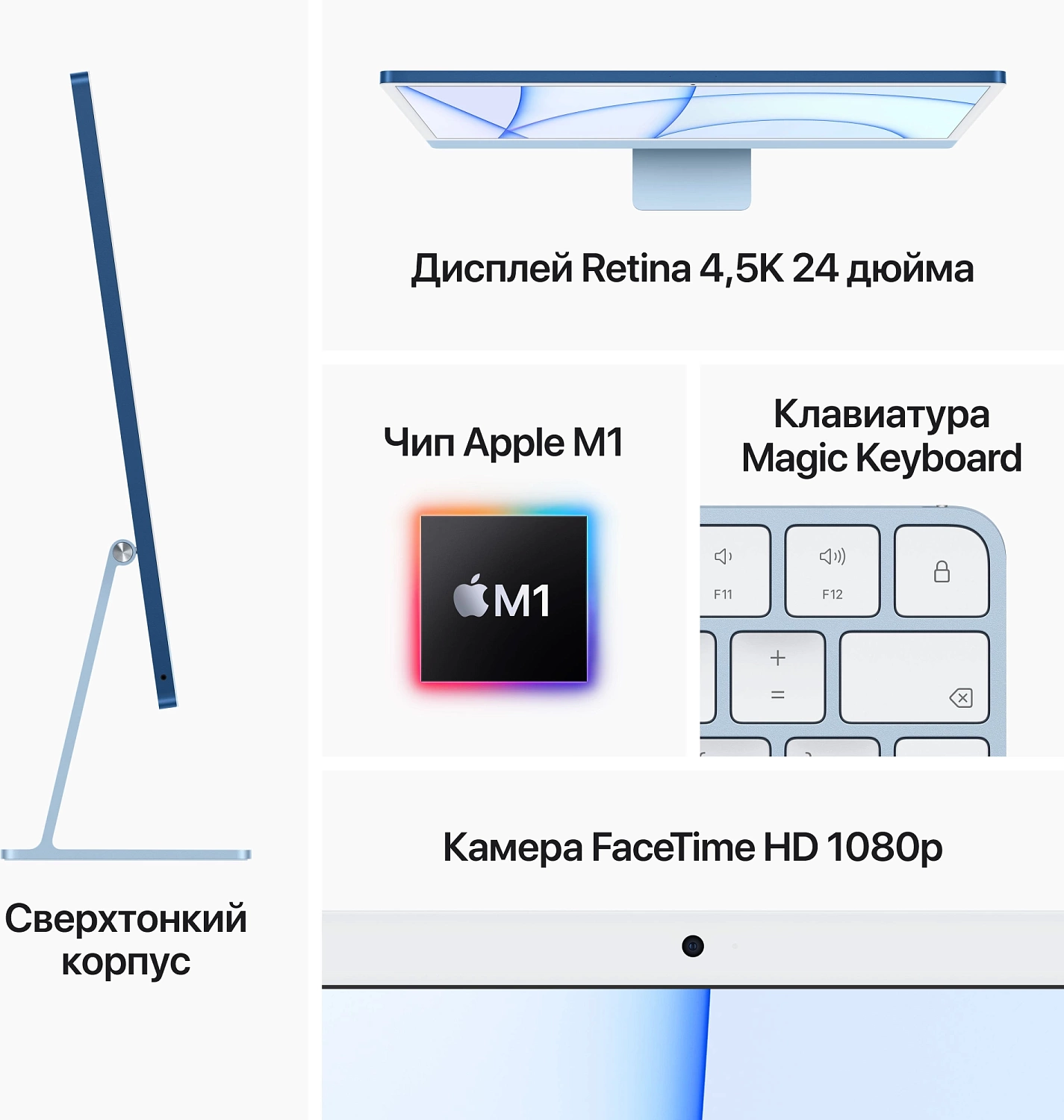 Моноблок Apple iMac A2438 24" 4.5K M1 8 core 8Gb SSD256Gb 8 core GPU macOS GbitEth WiFi BT клавиатура мышь Cam синий 4480x2520