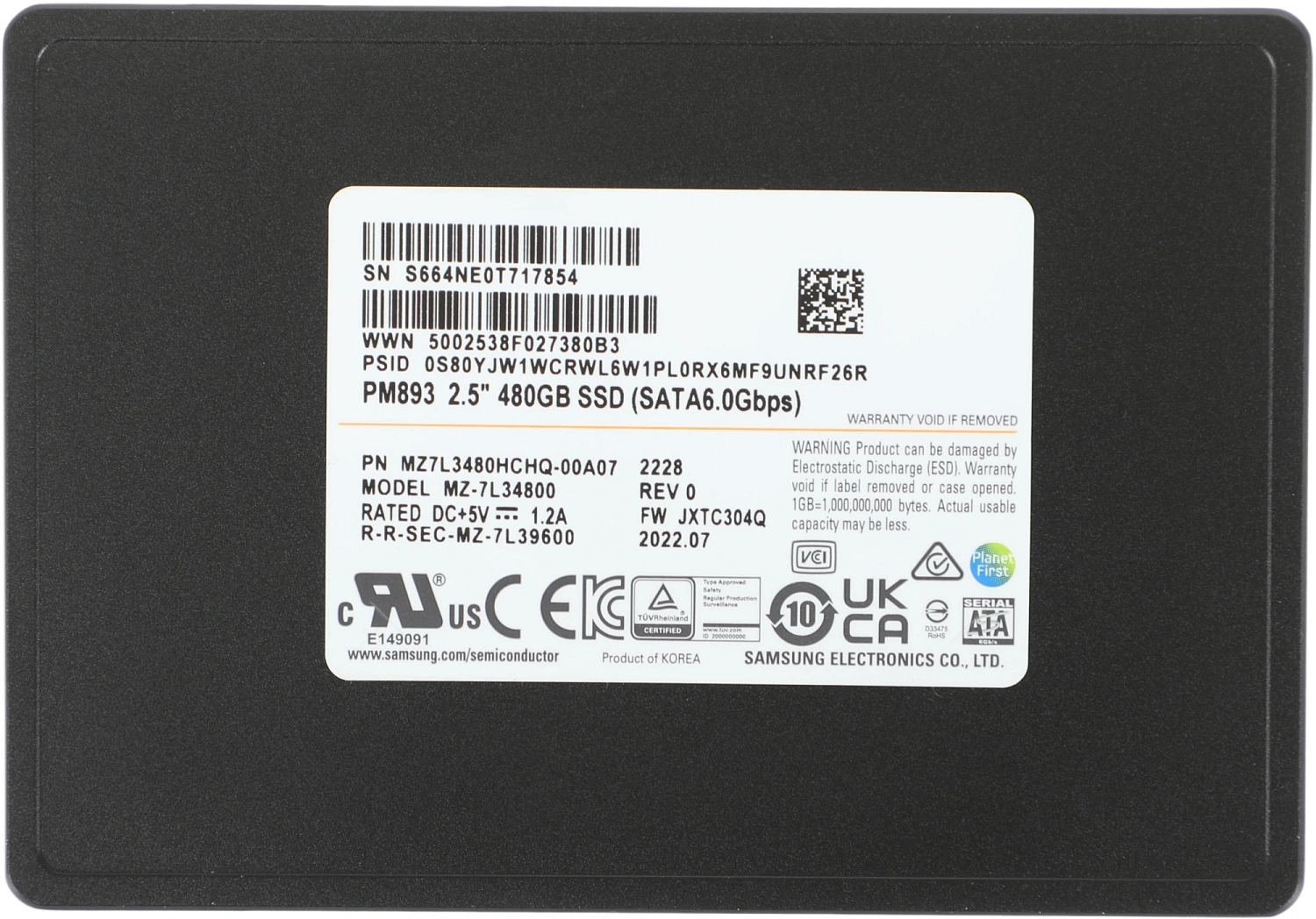 Твердотельный накопитель Samsung Enterprise SSD, 2.5"(SFF) 7mm, PM893, 480GB, SATA 3.3 6Gbps, R550/W530Mb/s, IOPS(R4K) 97K/29K, TLC, MTBF 2M, 1DWPD/5Y, TBW 876TB, OEM, (repl. MZ7LH480HAHQ-00005)