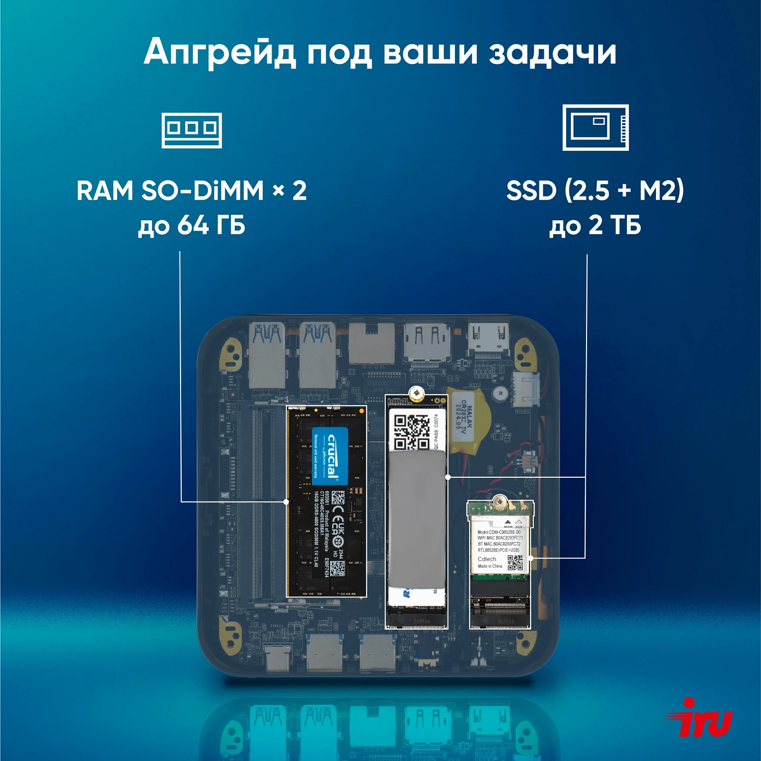 Неттоп IRU Tactio 525 Ryzen 7 6800H (3.3) 16Gb SSD1Tb 680M Windows 11 Pro GbitEth WiFi BT черный (2113231)