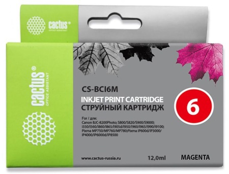 Картридж струйный Cactus CS-BCI6M пурпурный (12мл) для Canon S800/S820/S900/S9000/i550/i560/i860/i865/i905D/i950S/i960x/i965/i990/i9100/i9950/JX500/MP750/MP760/iP600D/iP3000/iP600D/iP8500/BJC-8200