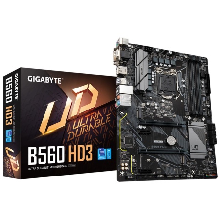 Материнская плата Gigabyte B560 HD3, Socket 1200, Intel®B560, 4xDDR4-3200, D-SUB+DVI-D+HDMI+DP, 2xPCI-Ex16, 2xPCI-Ex1, 6xSATA3, 2xM.2, 8Ch Audio, GLan, (2+4)xUSB2.0, (4+2)xUSB3.2, 1xPS/2, ATX, RTL, {815509}