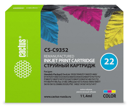 Картридж струйный Cactus CS-C9352 №22 многоцветный (11.4мл) для HP DJ 3920/3940/D1360/D1460/D1470/D1560/D2330/D2360/D2430/D2460/F370/F375/F380/F2180/F2187/F2224/F2280/F2290/F4140/F4172/F4180/F4190