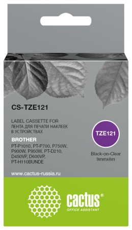 Картридж ленточный Cactus CS-TZE121 TZe-121 черный для Brother PT-P1010, PT-P700, P750W, P900W, P950W, PT-D210, D450VP, D600VP, PT-H110BUNDE