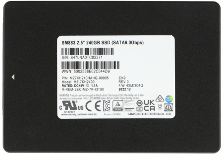 Твердотельный накопитель Samsung Enterprise SSD, 2.5"(SFF), SM883, 240GB, SATA, 6Gb/s, R540/W480Mb/s, IOPS(R4K) 97K/22K, MLC, MTBF 2M, 3DWPD/5Y, OEM, (analog MZ-7KM240E/NE)