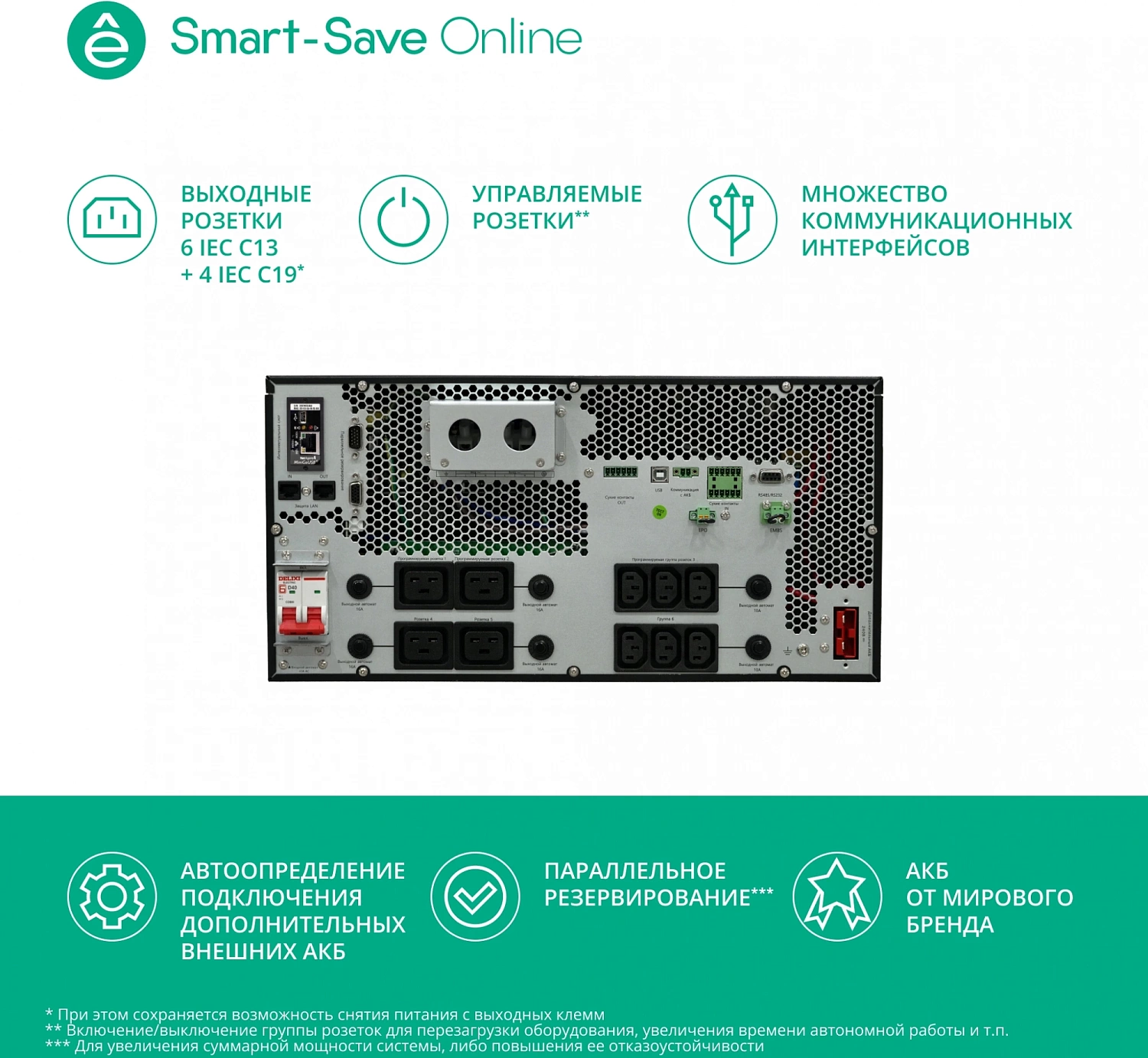 Источник бесперебойного питания Systeme Electric Smart-Save Online SRT, 5000VA/5000W, On-Line, Extended-run, Rack 2U+3U(Tower convertible), LCD,  6xC13, 4xC19, SNMP Intelligent Slot, USB, RS-232, Pre-Inst. Web/SNMP
