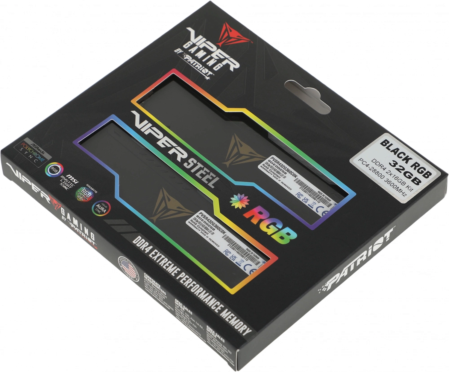 Память DDR4 2x16Gb 3600MHz Patriot PVSR432G360C0K Viper Steel RGB RTL Gaming PC4-24000 CL20 DIMM 288-pin 1.35В dual rank с радиатором Ret
