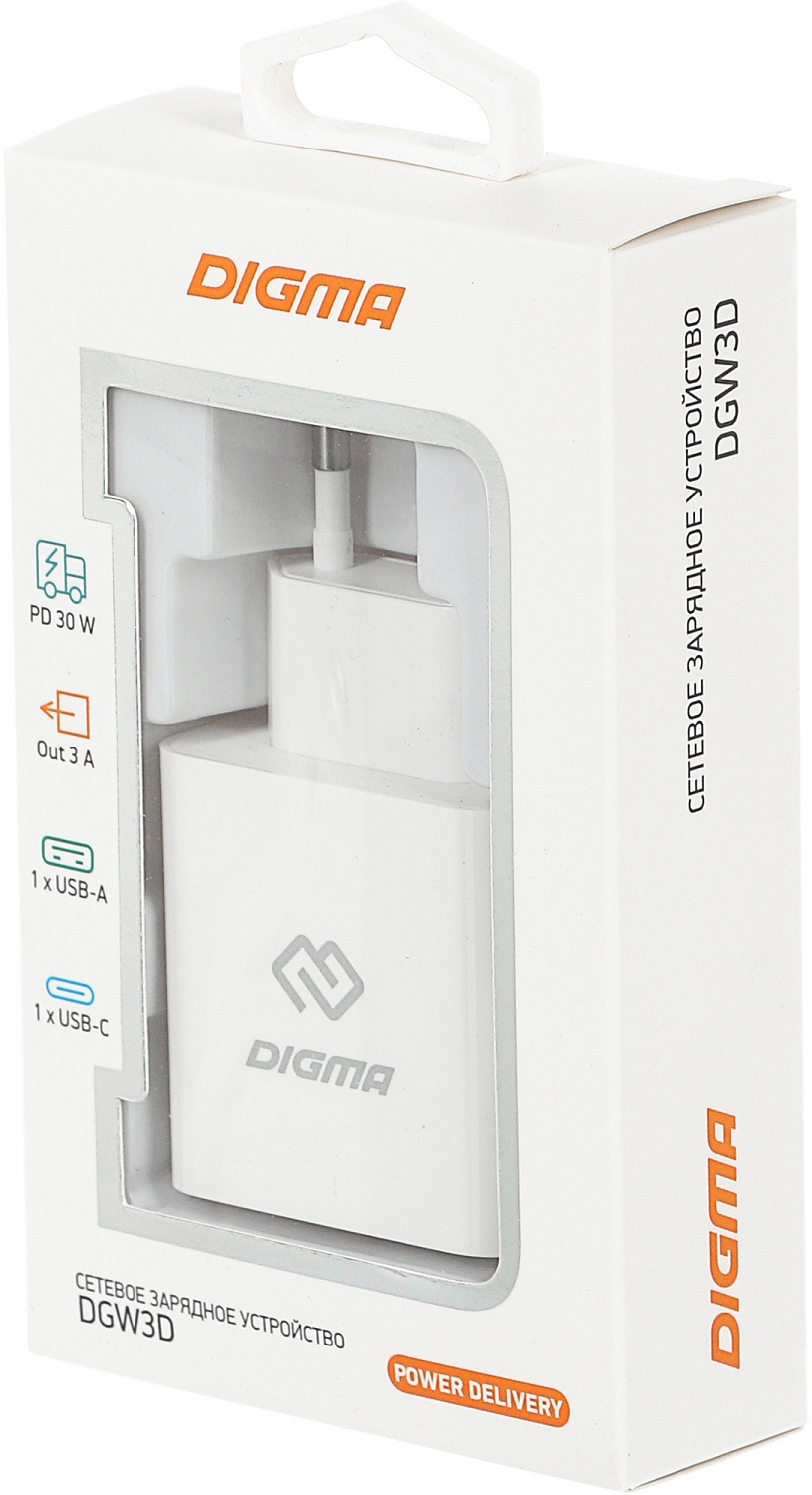 Сетевое зар./устр. Digma DGW3D 30W 3A (PD+QC) USB-C/USB-A универсальное белый (DGW3D0F110WH)