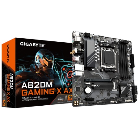 A620M GAMING X AX, Socket AM5, AMD A620, 4xDDR5-5200, HDMI+DP, 1xPCI-Ex16, 1xPCI-Ex1, 4xSATA3(RAID 0/1/10), 1xM.2, 8 Ch Audio, GLan, WiFi, (2+2)xUSB2.0, (3+2)xUSB3.2, (1+1)xUSB3.2 Type-C™, 1xPS/2, mATX, RTL