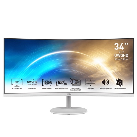 Монитор MSI 34" Pro MP341CQW белый IPS LED 1ms 21:9 HDMI M/M матовая 300cd 178гр/178гр 3440x1440 100Hz DP 2K 8.4кг