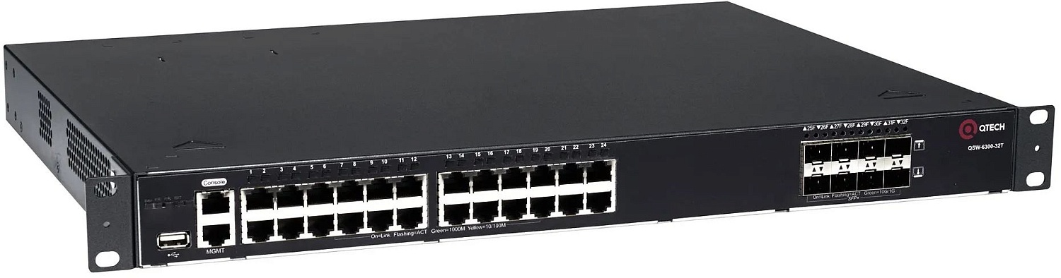 QTECH Управляемый стекируемый коммутатор уровня L3, 24 порта 10/100/1000 BASE-T, 8 портов 10GbE SFP+, 2 встроенных блока охлаждения, 2 сменных БП (поставляются отдельно)