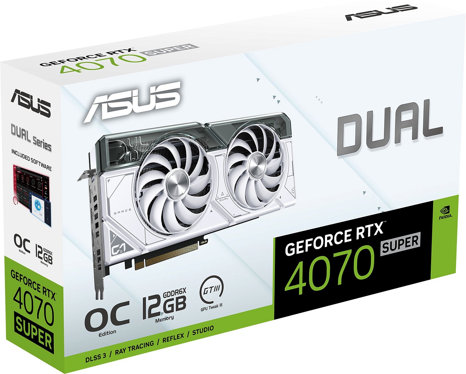 Видеокарта Asus PCI-E 4.0 DUAL-RTX4070S-O12G-WHITE NVIDIA GeForce RTX 4070 Super 12Gb 192bit GDDR6X 2500/21000 HDMIx1 DPx3 HDCP Ret