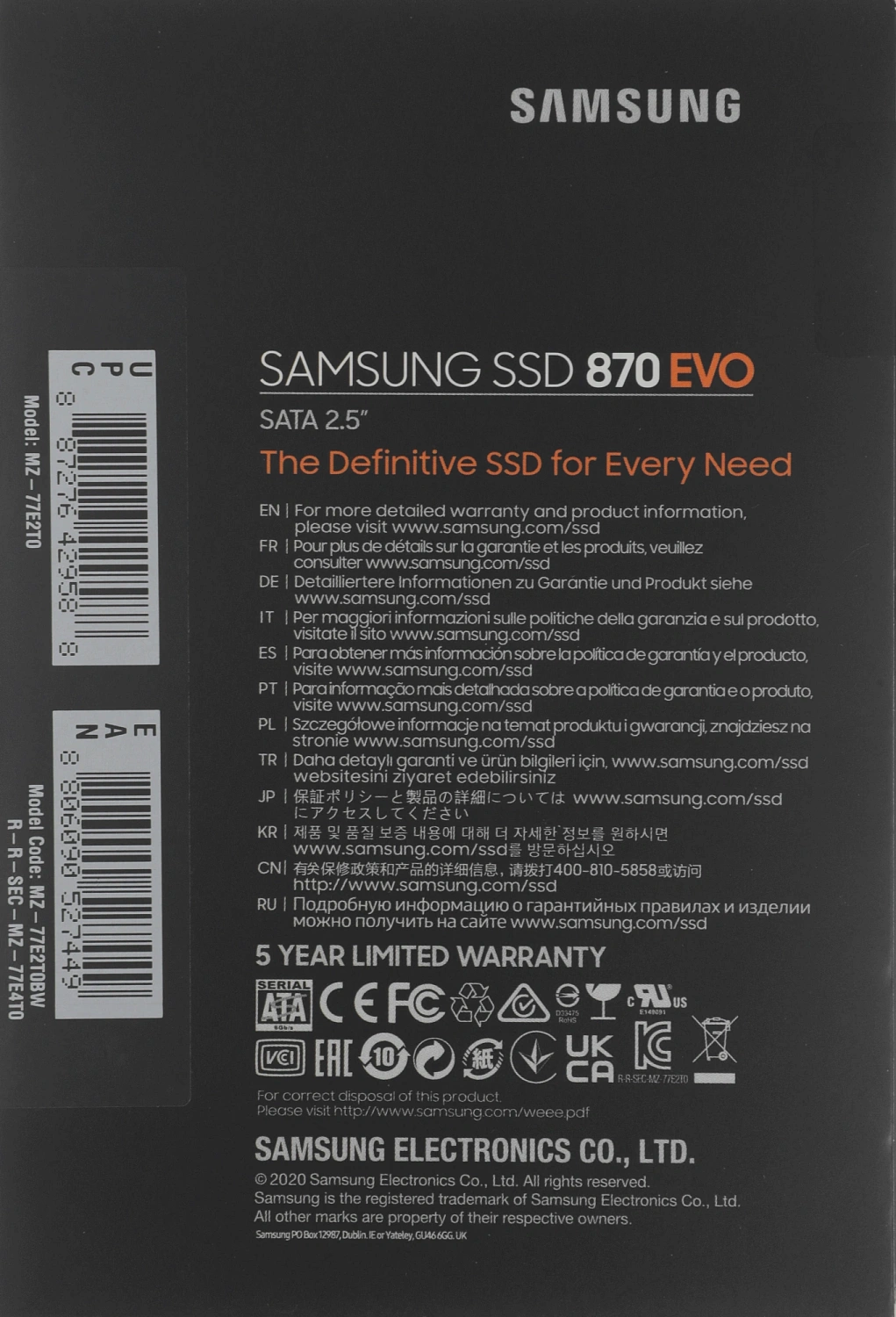 Твердотельный накопитель SSD 2.5" 2Tb (2000GB) Samsung SATA III 870 EVO (R560/W530MB/s) (MZ-77E2T0BW) 1year
