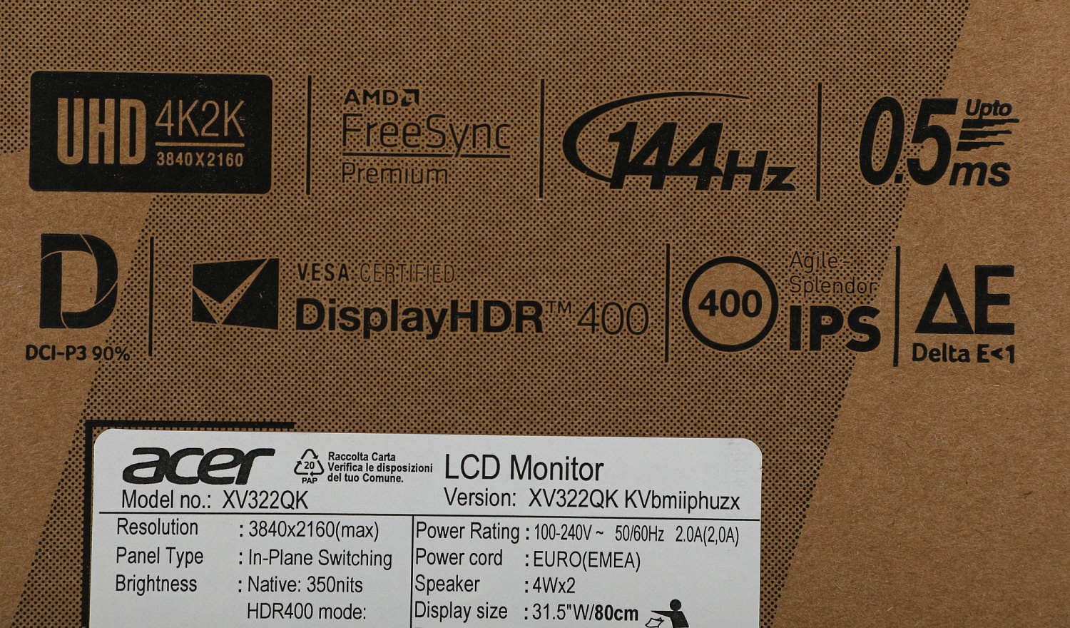 Монитор Acer 31.5" Nitro XV322QKKVbmiiphuzx черный IPS LED 1ms 16:9 HDMI M/M матовая 1000:1 400cd 178гр/178гр 3840x2160 144Hz DP 4K USB 7.7кг