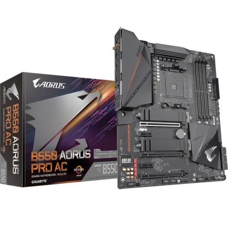 B550 AORUS PRO AC, Socket AM4, AMD B550, 4xDDR4-3200, HDMI, 3xPCI-Ex16, 2xPCI-Ex1, 6xSATA3(RAID 0/1/10), 2xM.2, 8 Ch Audio, 2,5GLan, WiFi, (6+2)xUSB2.0, (5+2)xUSB3.2, (1+0)USB3.2 Type-C™, ATX, RTL {8} (809515)
