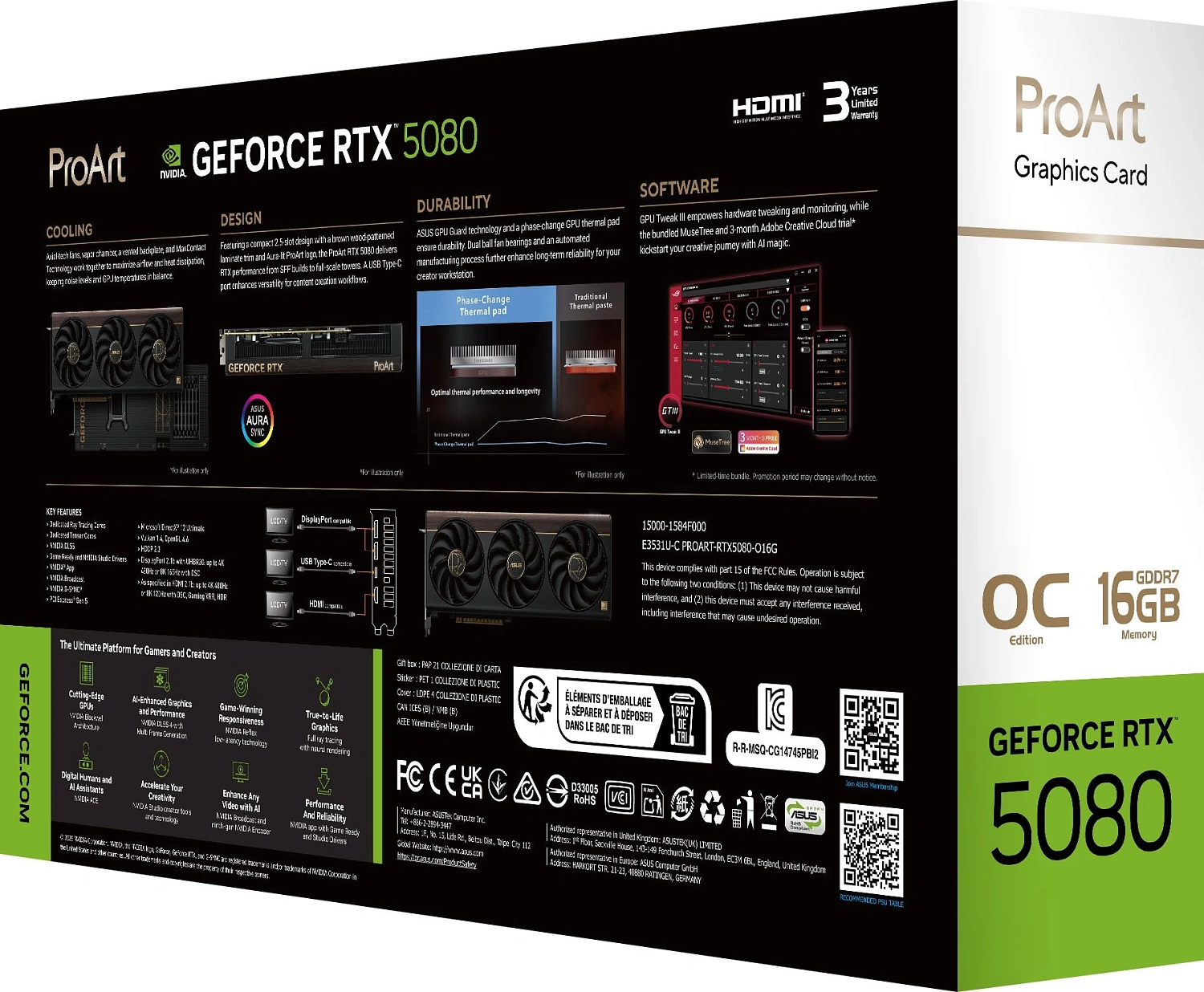 Видеокарта Asus PCI-E 5.0 PROART-RTX5080-O16G NVIDIA GeForce RTX 5080 16Gb 256bit GDDR7 2655/30000 HDMIx1 DPx3 HDCP Ret