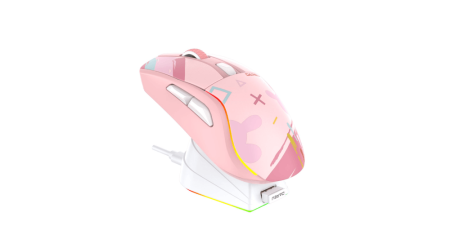 Мышь игровая беспроводная Dareu A950 Pink (розовый), DPI 400/800/1600/3200/6400/12000, подключение Tri-mode: проводное+2.4GHz+BT, встроенный аккумулятор 930mAh, зарядная станция, подсветка RGB, размер 123x64x39мм