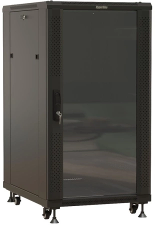 Шкаф серверный Hyperline (TTBR-2261-AS-RAL9004) напольный 22U 600x1000мм пер.дв.стекл задн.дв.спл.стал.лист 2 бок.пан. 1000кг черный