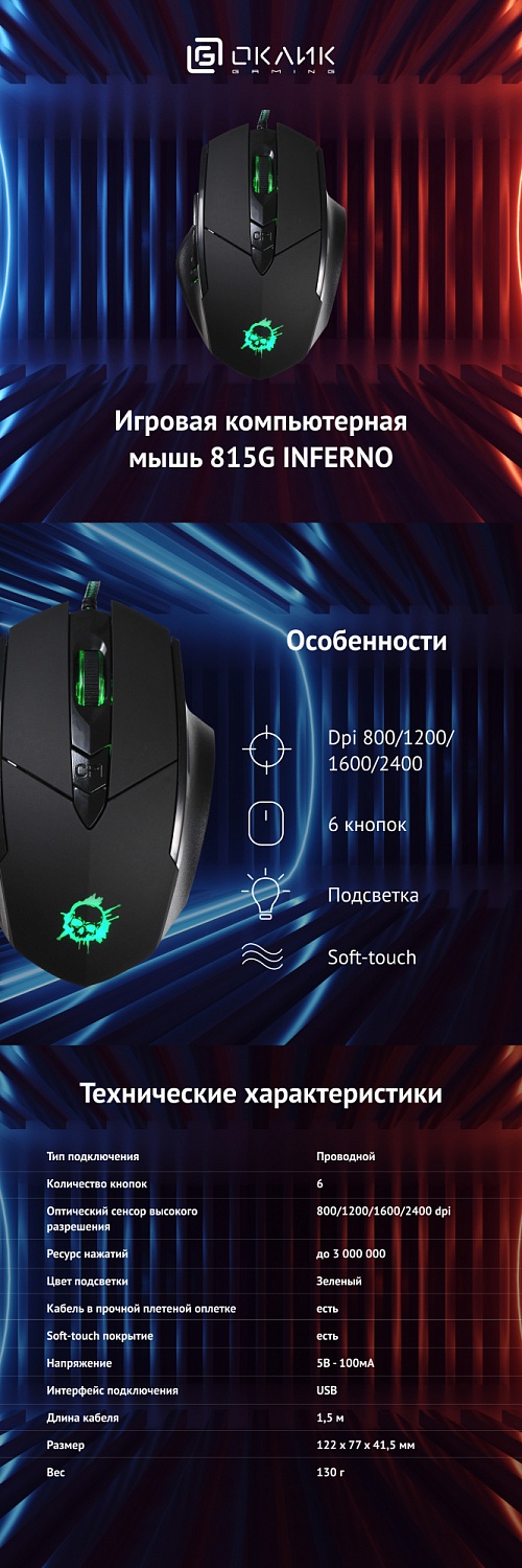 Мышь Оклик 815G INFERNO черный оптическая (2400dpi) USB (6but) Мышь Оклик 815G INFERNO черный оптическая (2400dpi) USB (6but)