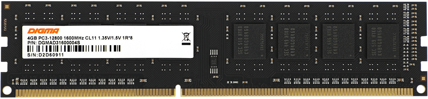 Память DDR3L 4Gb 1600MHz Digma DGMAD31600004S RTL PC3-12800 CL11 DIMM 240-pin 1.35В single rank Ret Память DDR3L 4Gb 1600MHz Digma DGMAD31600004S RTL PC3-12800 CL11 DIMM 240-pin 1.35В single rank Ret